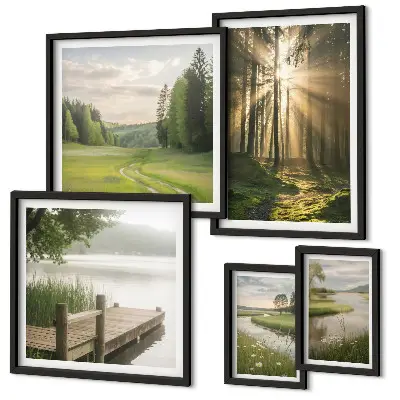 Galeria de quadros para parede com paisagens de florestas sol e água