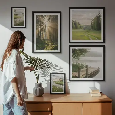 Galeria de quadros para parede com paisagens de florestas sol e água