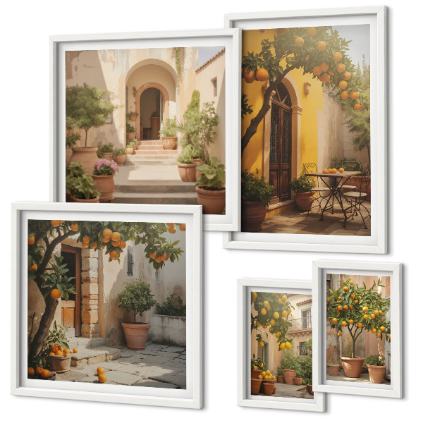 Conjunto de 5 quadros com moldura Ruas encantadoras e alaranjadas