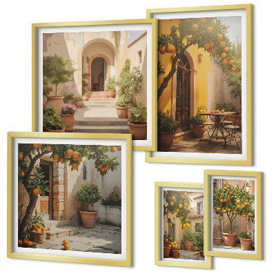 Conjunto de 5 quadros com moldura Ruas encantadoras e alaranjadas