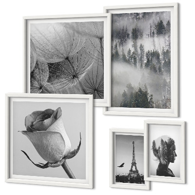 Parede galeria de quadros cidade da natureza em preto e branco