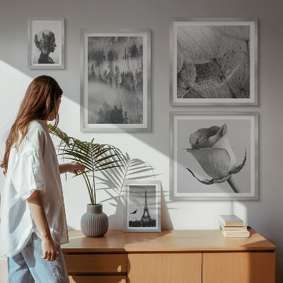 Parede galeria de quadros cidade da natureza em preto e branco
