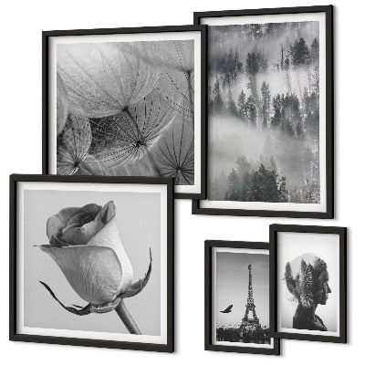 Parede galeria de quadros cidade da natureza em preto e branco