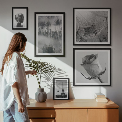 Parede galeria de quadros cidade da natureza em preto e branco