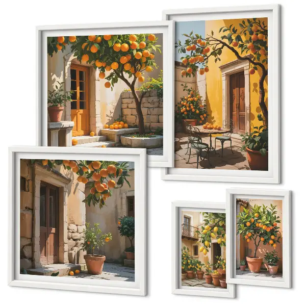 Conjunto de 5 quadros com moldura tema frutas cítricas em jardins