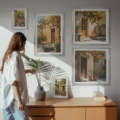 Conjunto de 5 quadros com moldura tema frutas cítricas em jardins