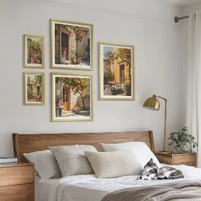 Conjunto de 5 quadros com moldura tema frutas cítricas em jardins