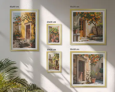 Conjunto de 5 quadros com moldura tema frutas cítricas em jardins
