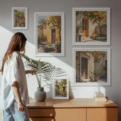 Conjunto de 5 quadros com moldura tema frutas cítricas em jardins