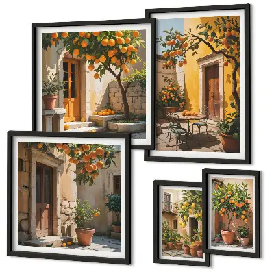 Conjunto de 5 quadros com moldura tema frutas cítricas em jardins