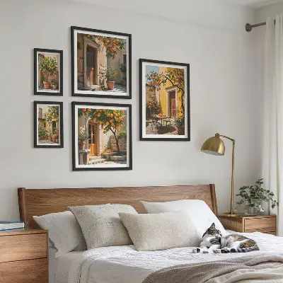 Conjunto de 5 quadros com moldura tema frutas cítricas em jardins
