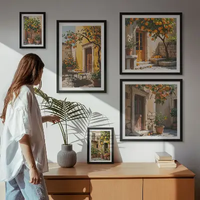 Conjunto de 5 quadros com moldura tema frutas cítricas em jardins