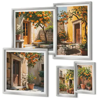 Conjunto de 5 quadros com moldura tema frutas cítricas em jardins