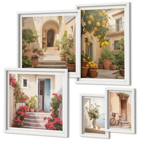 Conjunto de 5 quadros decorativos Ruas, flores, frutas cítricas, Provença