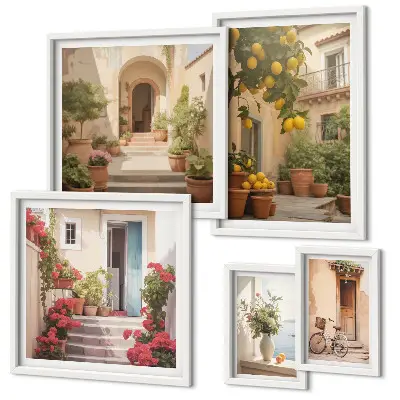 Conjunto de 5 quadros decorativos com temas de ruas, flores e frutas cítricas da Provença