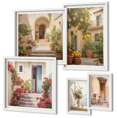 Conjunto de 5 quadros decorativos Ruas, flores, frutas cítricas, Provença