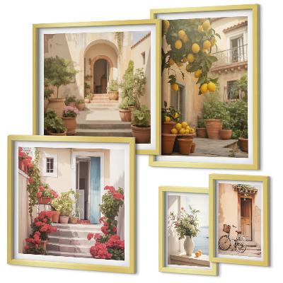 Conjunto de 5 quadros decorativos Ruas, flores, frutas cítricas, Provença