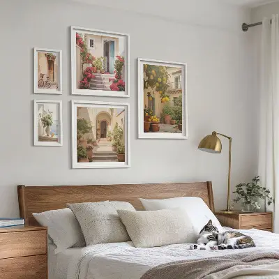 Conjunto de 5 quadros decorativos com temas de ruas, flores e frutas cítricas da Provença