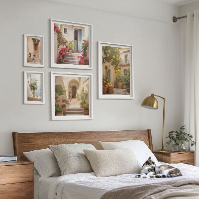 Conjunto de 5 quadros decorativos Ruas, flores, frutas cítricas, Provença