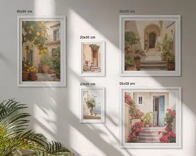 Conjunto de 5 quadros decorativos com temas de ruas, flores e frutas cítricas da Provença