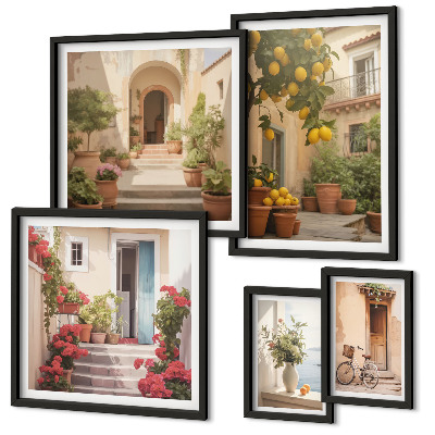 Conjunto de 5 quadros decorativos Ruas, flores, frutas cítricas, Provença