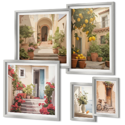 Conjunto de 5 quadros decorativos Ruas, flores, frutas cítricas, Provença