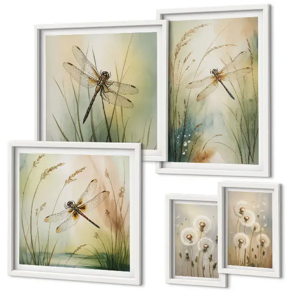 Conjunto de 5 quadros decorativos com moldura com motivos boho de natureza e libélulas