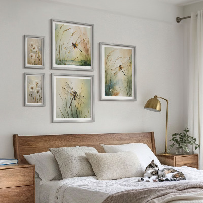 Conjunto de 5 quadros com moldura Motivos boho da natureza com libélulas