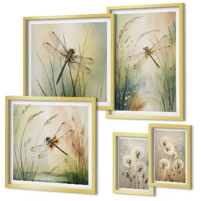 Conjunto de 5 quadros decorativos com moldura com motivos boho de natureza e libélulas