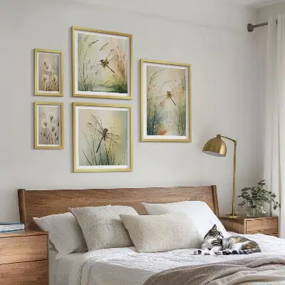 Conjunto de 5 quadros decorativos com moldura com motivos boho de natureza e libélulas