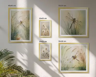Conjunto de 5 quadros decorativos com moldura com motivos boho de natureza e libélulas