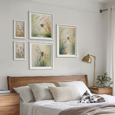 Conjunto de 5 quadros com moldura Motivos boho da natureza com libélulas