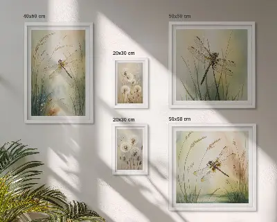 Conjunto de 5 quadros decorativos com moldura com motivos boho de natureza e libélulas
