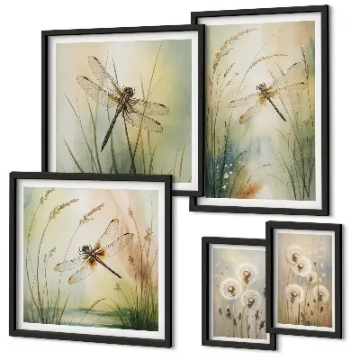Conjunto de 5 quadros decorativos com moldura com motivos boho de natureza e libélulas