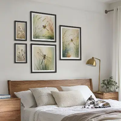 Conjunto de 5 quadros decorativos com moldura com motivos boho de natureza e libélulas