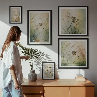 Conjunto de 5 quadros decorativos com moldura com motivos boho de natureza e libélulas