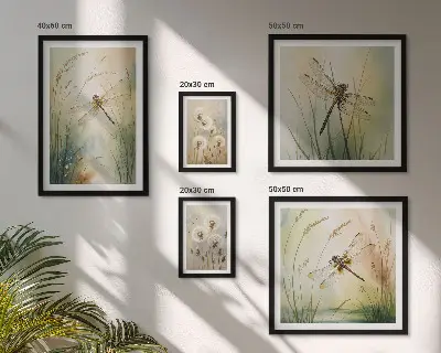 Conjunto de 5 quadros decorativos com moldura com motivos boho de natureza e libélulas