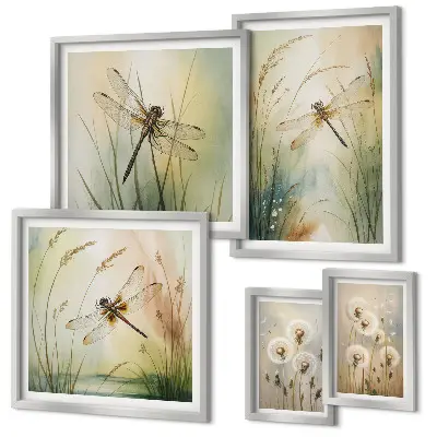 Conjunto de 5 quadros decorativos com moldura com motivos boho de natureza e libélulas