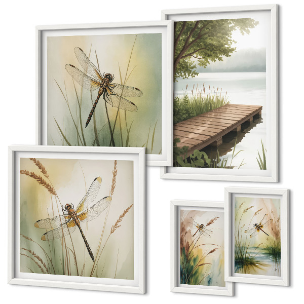 Conjunto de 5 quadros decorativos Paisagens tranquilas de libélulas