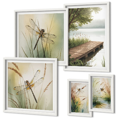 Conjunto de 5 quadros decorativos Paisagens tranquilas de libélulas