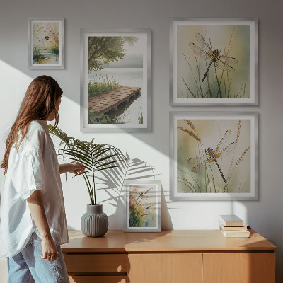 Conjunto de 5 quadros decorativos Paisagens tranquilas de libélulas