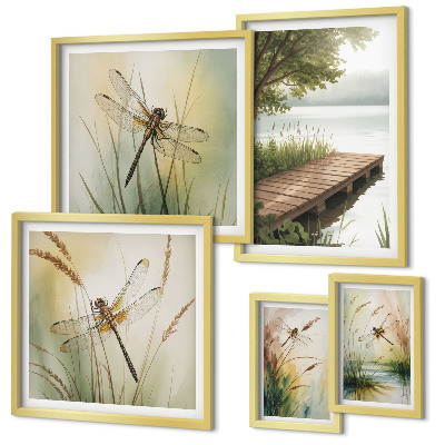 Conjunto de 5 quadros decorativos Paisagens tranquilas de libélulas