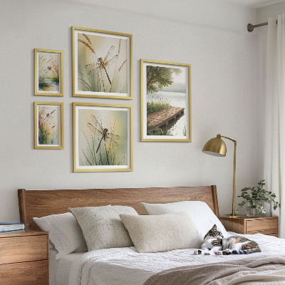 Conjunto de 5 quadros decorativos Paisagens tranquilas de libélulas