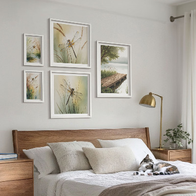 Conjunto de 5 quadros decorativos Paisagens tranquilas de libélulas