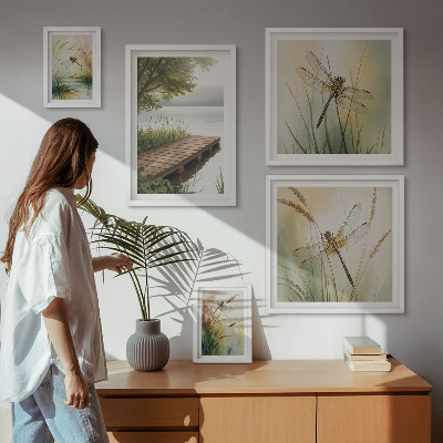 Conjunto de 5 quadros decorativos Paisagens tranquilas de libélulas