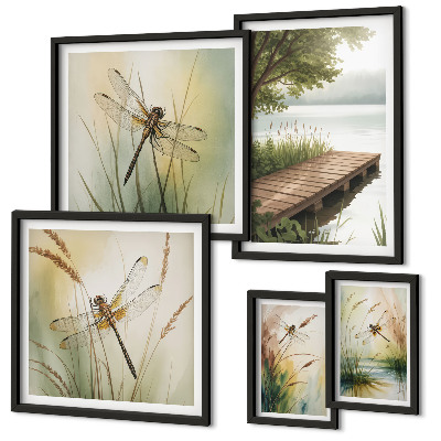 Conjunto de 5 quadros decorativos Paisagens tranquilas de libélulas
