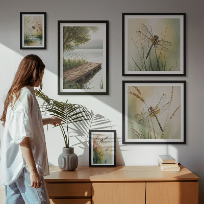 Conjunto de 5 quadros decorativos Paisagens tranquilas de libélulas