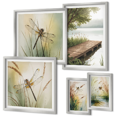 Conjunto de 5 quadros decorativos Paisagens tranquilas de libélulas