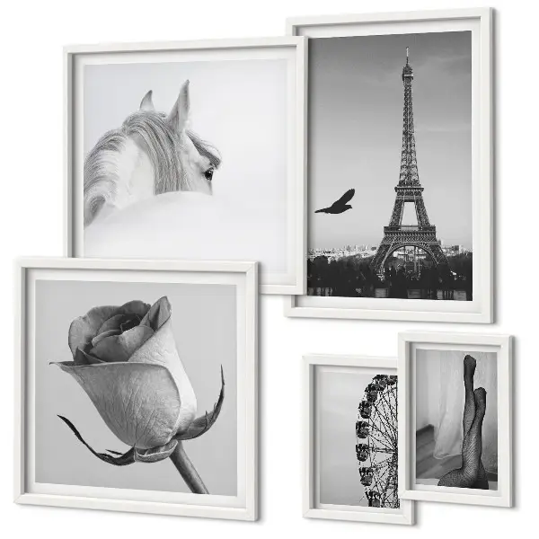 Galeria de parede com imagens elegantes em preto e branco