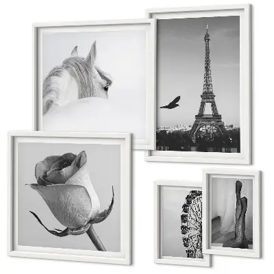 Galeria de parede com imagens elegantes em preto e branco